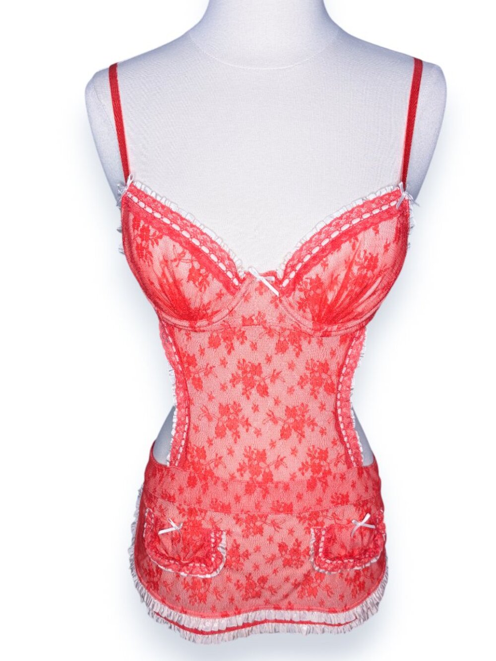 Victoria's Secret Red Lace Mesh White Trim French Maid Apron Lingerie Size 34B